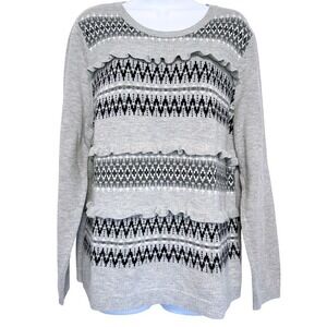Talbots Fair Isle Sweater Womens Size XL Gray Lambswool Blend Ruffle Cozy Nordic